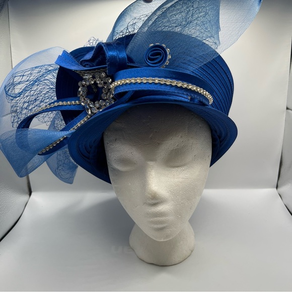 Susanna Elegant Blue Church, Derby Hat with Meshing and Rhinestone Accents